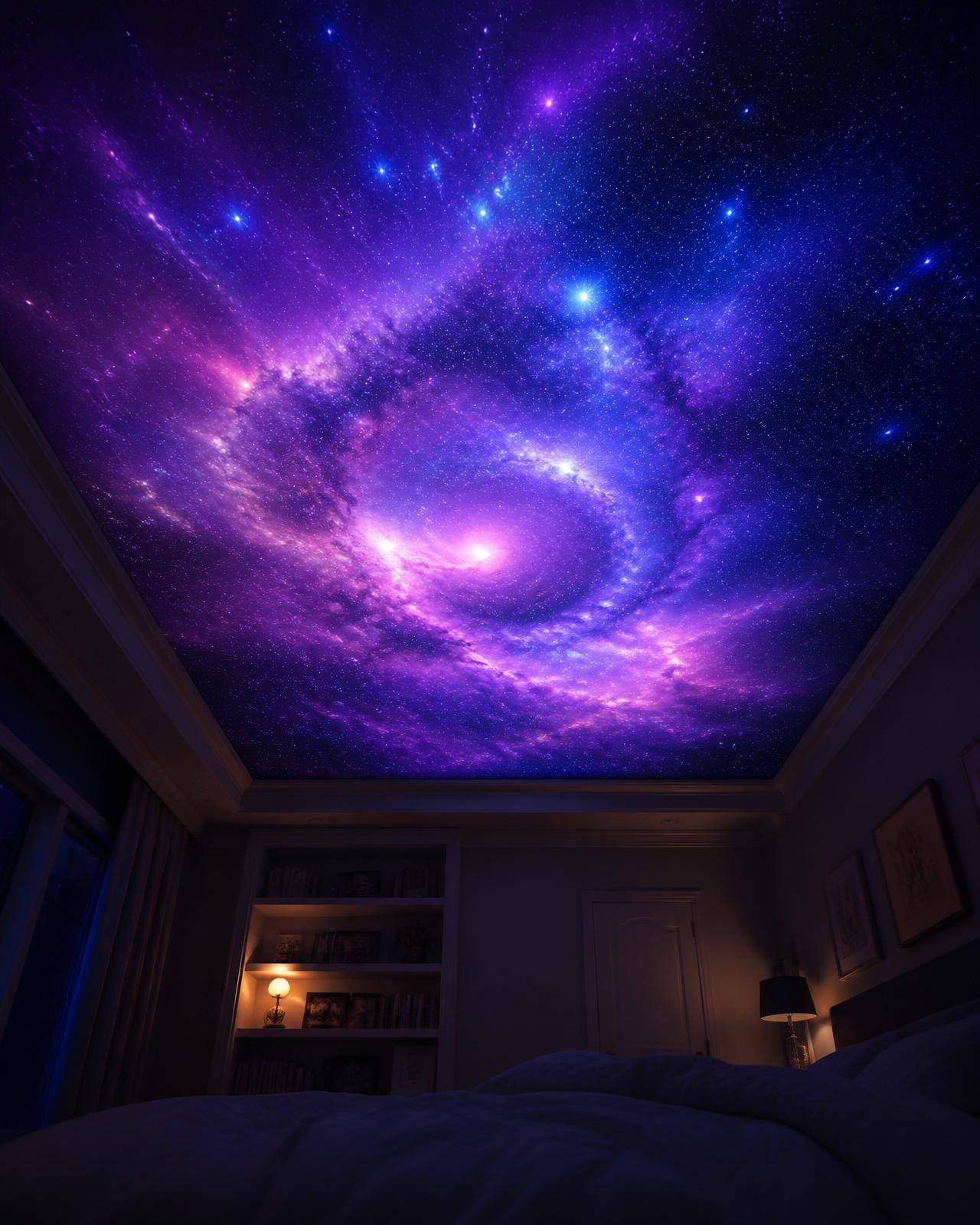 A bedroom ceiling transformed into a starry galaxy by the Fadel projector